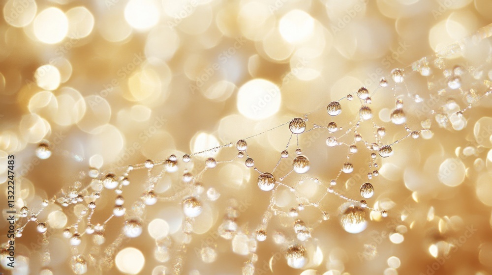Delicate dewdrops rest on a spider web, illuminated by warm golden light, resembling glistening pearls strung across a delicate tapestry. Delicate dewdrops rest on a spider web, illuminated by warm golden light, resembling glistening pearls strung across a delicate tapestry.