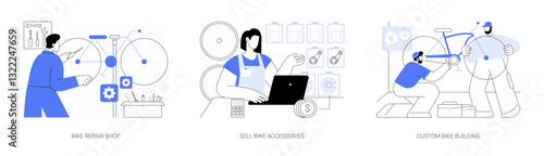 Bicycle shop isolated cartoon vector illustrations set.
