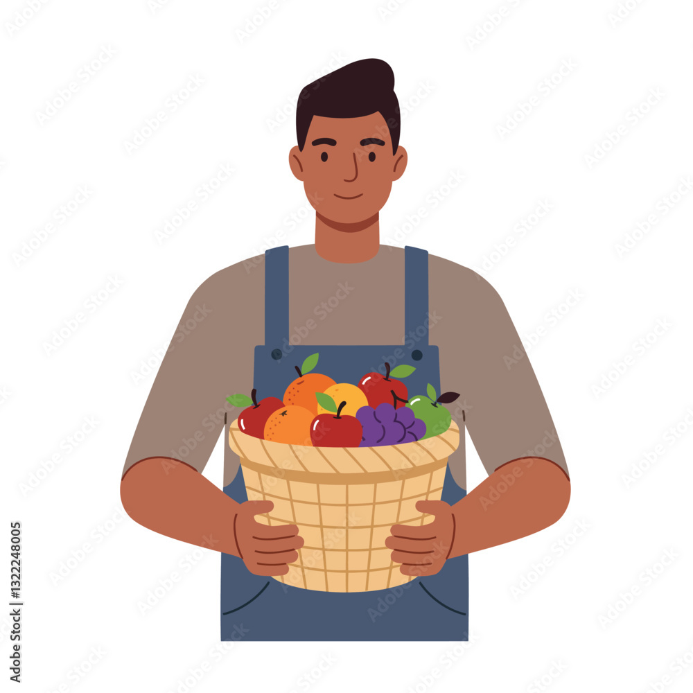 Man holding a basket of fresh fruits in minimal vector illustration