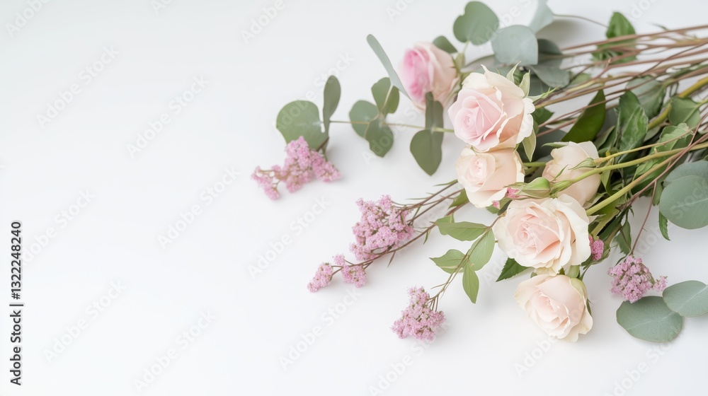 Naklejka premium Flat lay of fresh blooming roses and greenery, ideal for spring and nature-inspired designs.
