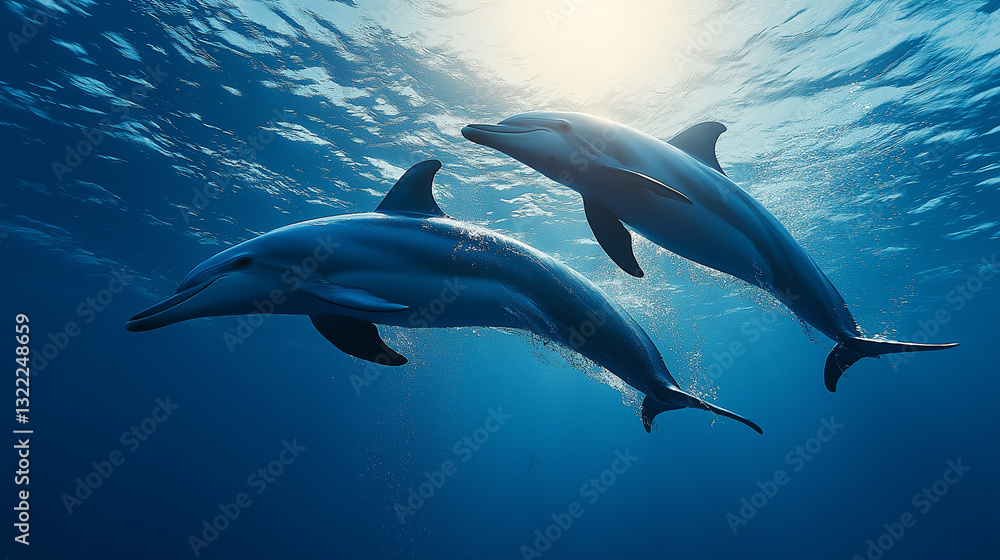 Fototapeta premium In warm summer seas, dolphins swim gracefully beneath the sun, showcasing their playful nature and vibrant energy. The clear blue waters enhance their lively movements
