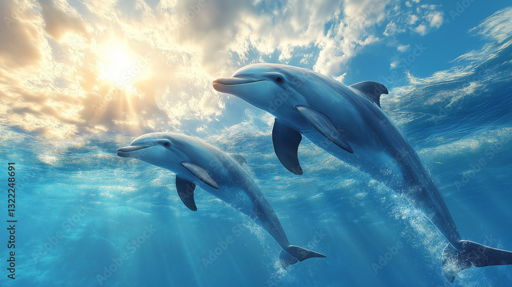 Obraz premium Two dolphins gracefully swim in the clear blue sea, enjoying the warmth of the summer sun. The colorful sky and sparkling water enhance their playful movements and joyful energy