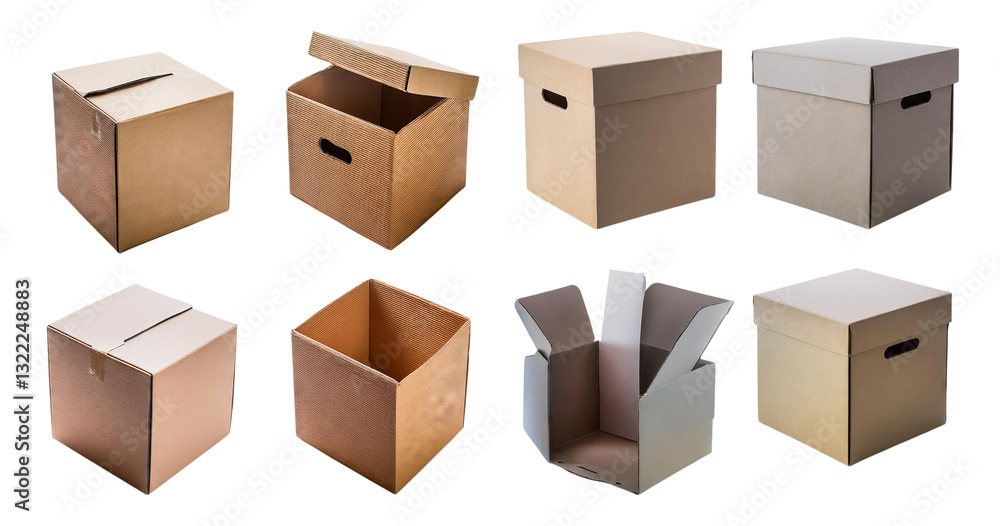 Fototapeta premium Various Cardboard Boxes in Different Sizes and Designs for Shipping, isolated on transparent background