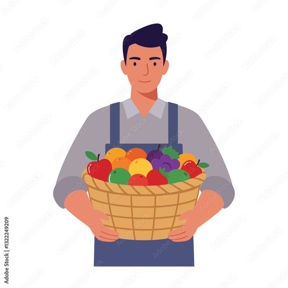 Farmer holding a basket full of colorful fruits in flat vector art Farmer holding a basket full of colorful fruits in flat vector art