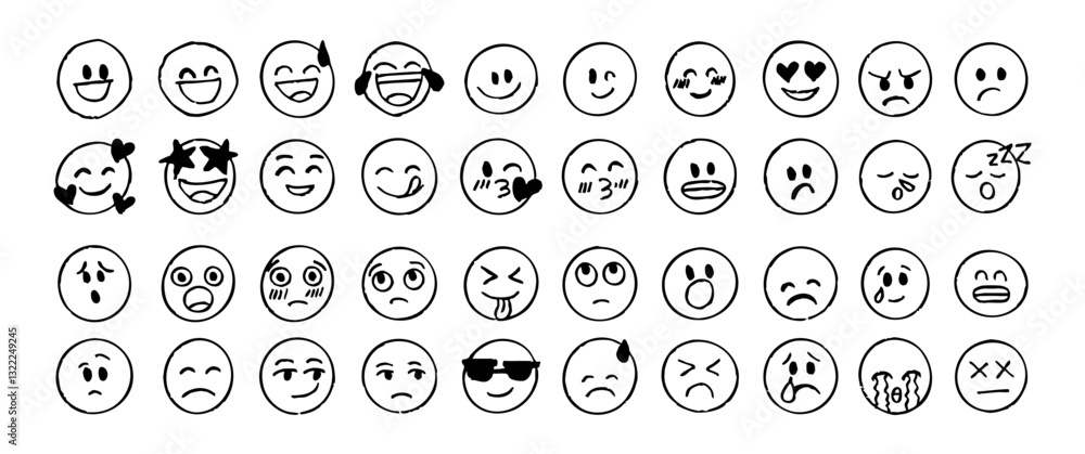 Doodle Emoji face icon set. Hand drawn sketch style. Emoji with different emotion mood, happy, sad, smile face. Comic line art vector illustration. Doodle Emoji face icon set. Hand drawn sketch style. Emoji with different emotion mood, happy, sad, smile face. Comic line art vector illustration.