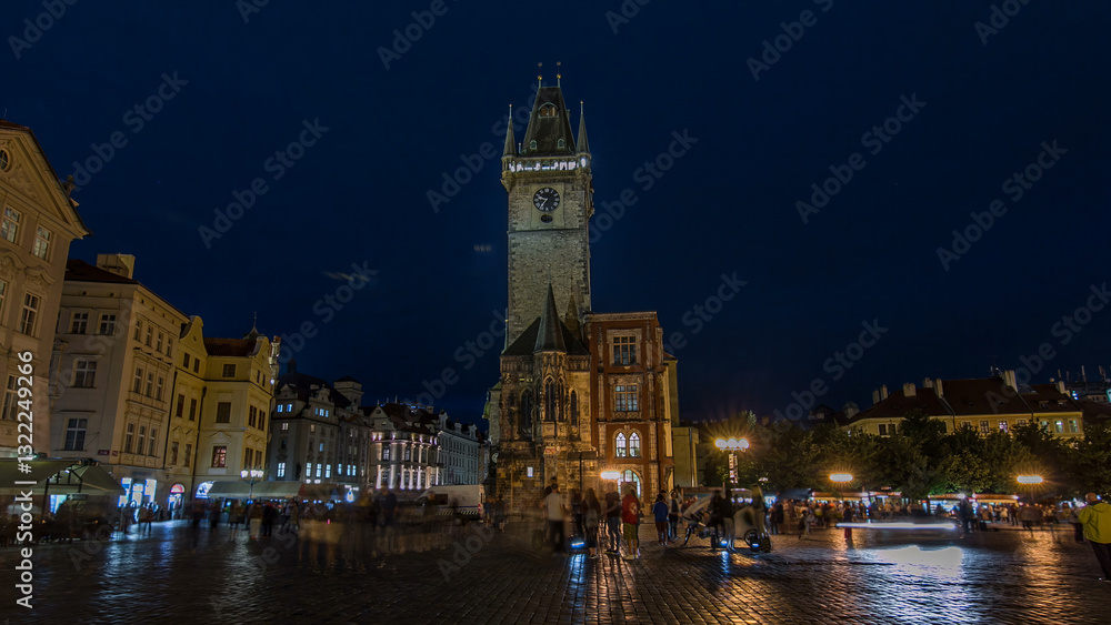 Prague Old Town Hall at Night timelapse hyperlapse with unrecognizable tourists walking Prague Old Town Hall at Night timelapse hyperlapse with unrecognizable tourists walking