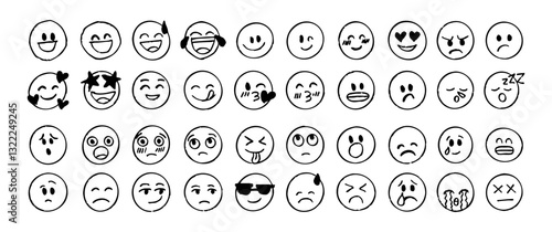 Doodle Emoji face icon set. Hand drawn sketch style. Emoji with different emotion mood, happy, sad, smile face. Comic line art vector illustration.