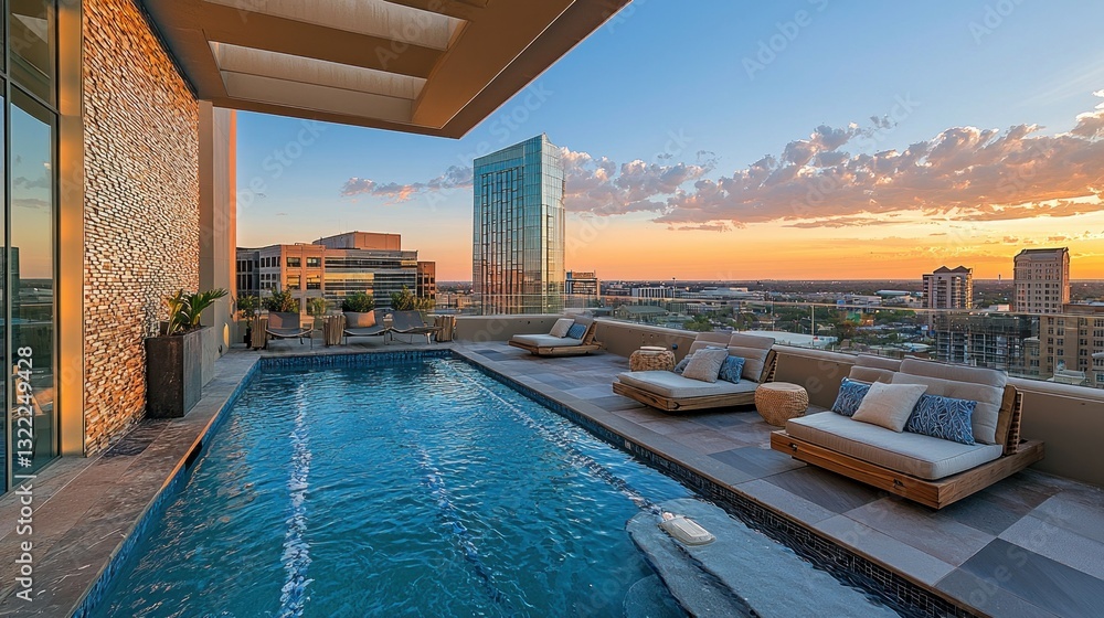 Fototapeta premium Rooftop pool overlooking city sunset