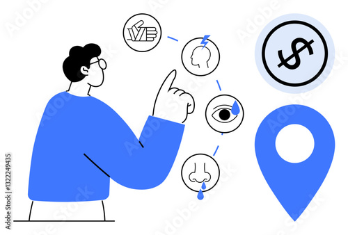 Individual pointing at interconnected icons representing senses, decision pathways, and goals thumbs up money or location. Ideal for strategy, analysis, finance, navigation, senses, problem-solving