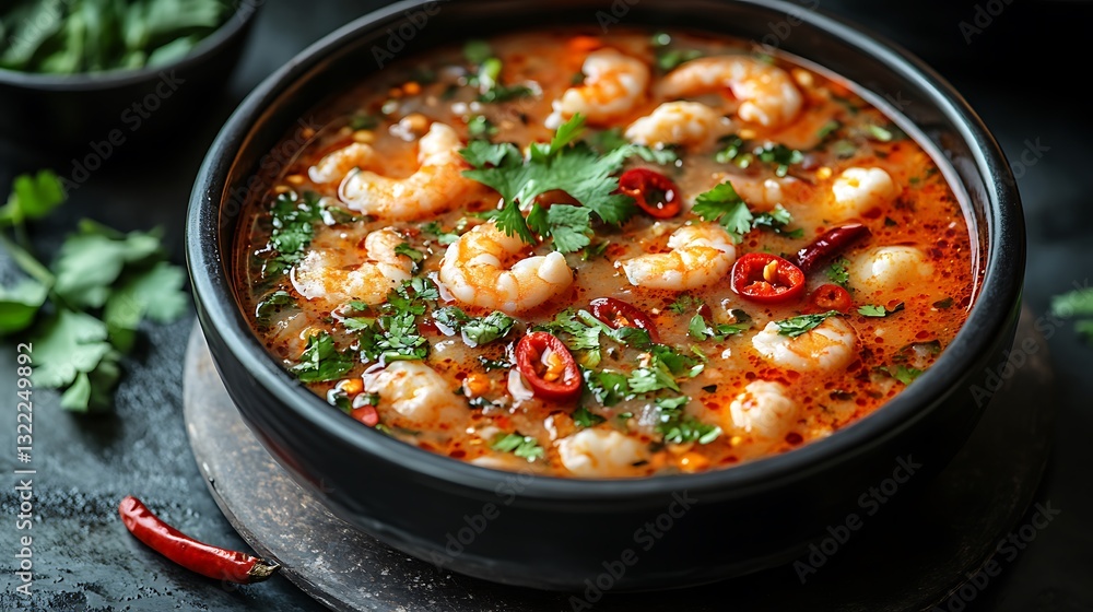 Top view of a steaming hot Thai tom yum goong with fresh herbs and red chili slices Top view of a steaming hot Thai tom yum goong with fresh herbs and red chili slices