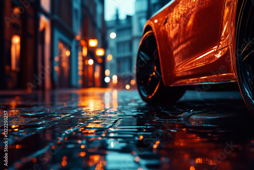 Luxury Car Rim Close-Up with Soft Bokeh and Modern Urban Ambience