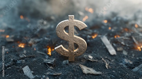 Symbol of the Dollar Amidst War-Torn Landscape: Economic Power in the Midst of Destruction, Debris, and Smoke with Soldiers in the Distance