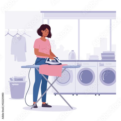 Woman ironing clothes in a modern laundry room, flat vector art