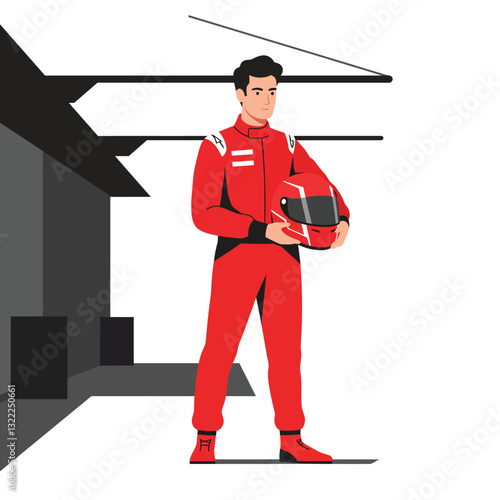Racing driver in red suit holding helmet in flat vector art