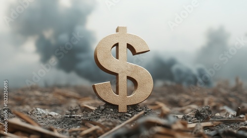 Symbol of the Dollar Amidst War-Torn Landscape: Economic Power in the Midst of Destruction, Debris, and Smoke with Soldiers in the Distance