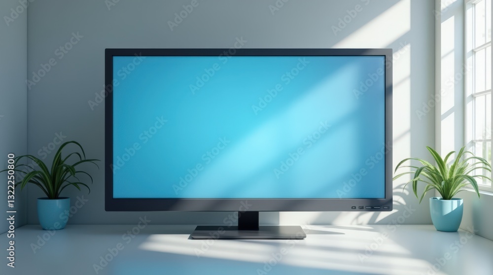 Fototapeta premium Bright Workspace With a Large Blank Screen and Potted Plants Illuminated by Natural Light