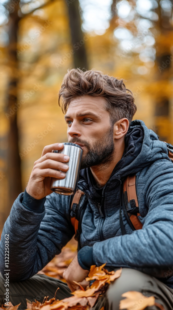 Young caucasian male enjoying autumn nature with hot drink in forest Young caucasian male enjoying autumn nature with hot drink in forest