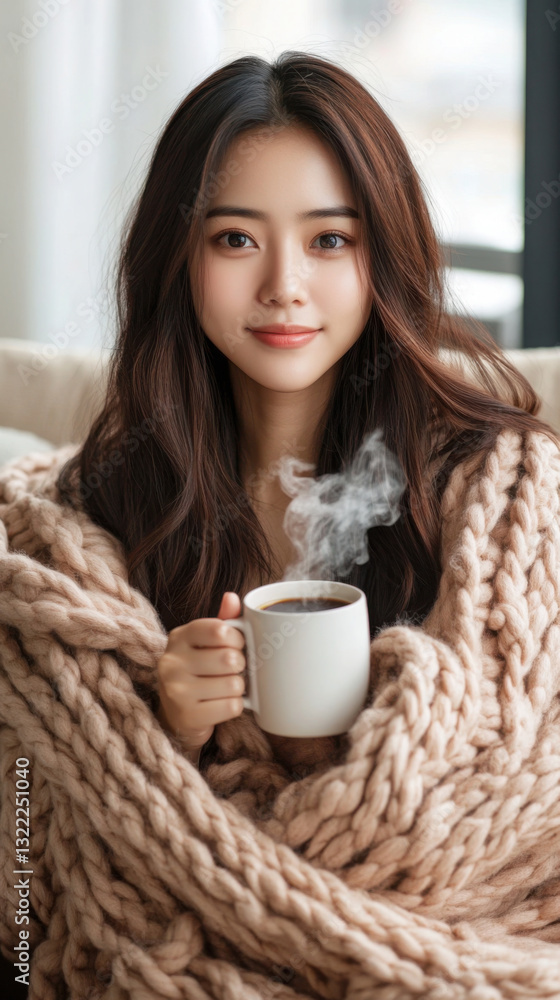 Young asian female relaxing with coffee in cozy blanket at home Young asian female relaxing with coffee in cozy blanket at home