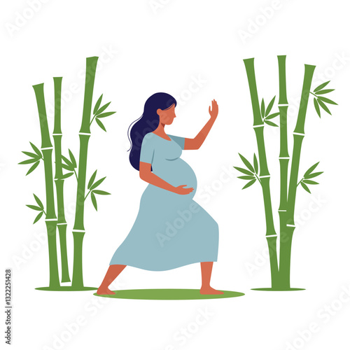 Pregnant woman walking gracefully among vibrant bamboo trees in flat vector art