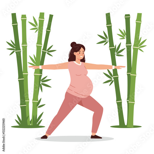 Pregnant woman practicing yoga in a serene environment with bamboo, flat vector illustration