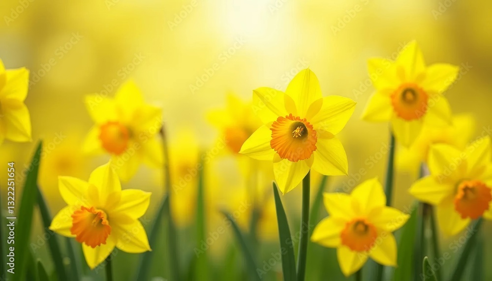 Fototapeta premium Yellow daffodils blooming in the garden, spring nature background with copy space for text