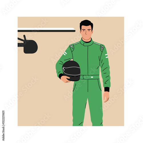 Racing driver in green jumpsuit holding helmet in minimal vector illustration