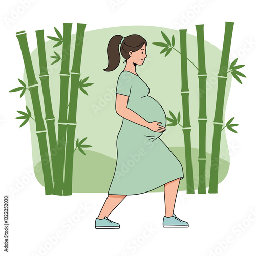 Pregnant woman walking among bamboo in flat design vector art