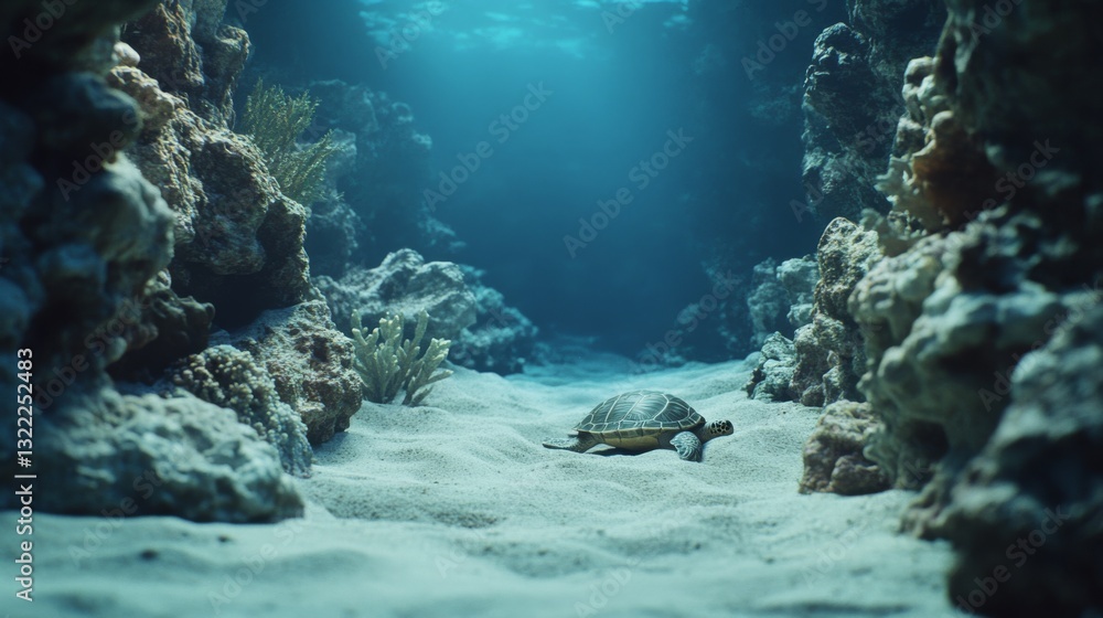 Fototapeta premium A solitary sea turtle gracefully glides along the ocean floor, surrounded by thriving marine life in tranquil blues.