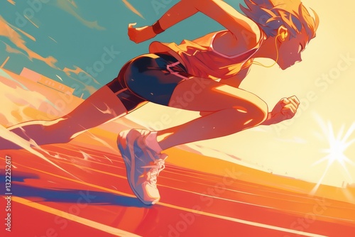 A female athlete running quickly across a race track