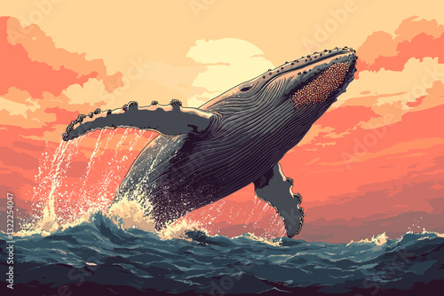 Whale Breaching at Sunset
A majestic humpback leaps out of the ocean, with a glowing sunset and water splashes surrounding it.