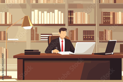Man Working in Library Office
A businessman in a suit sits at a wooden desk in a library-style office, working on a laptop.
