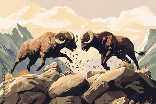 Rams Battling on Rocky Terrain.
Two bighorn rams charge at each other in a mountainous landscape, sending rocks flying.