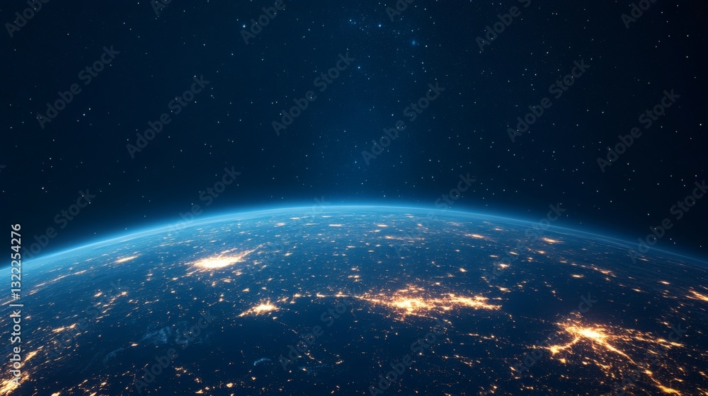 Fototapeta premium View of Earth from space during night, showcasing city lights and starry sky from low Earth orbit perspective