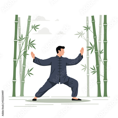 Person practicing Tai Chi surrounded by bamboo in flat vector illustration