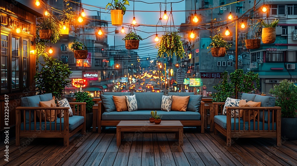 Rooftop cafe evening city view relaxing Rooftop cafe evening city view relaxing