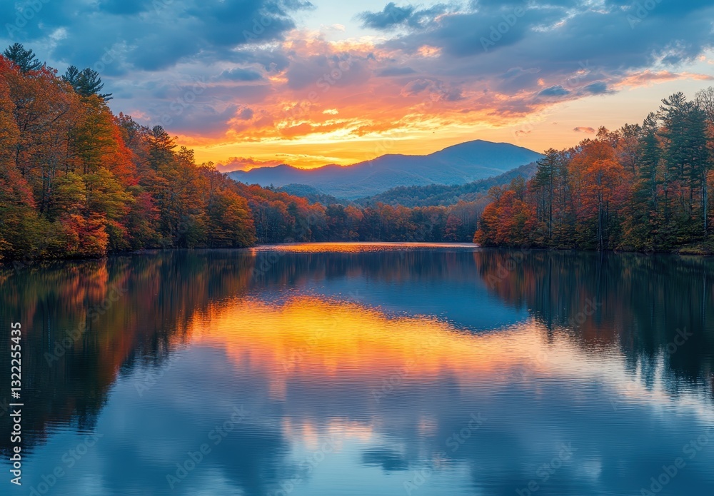 Fototapeta premium Tranquil Sunset Over Colorful Autumn Trees Reflected in Still Mountain Lake in the Majestic Blue Ridge Mountains of North Carolina