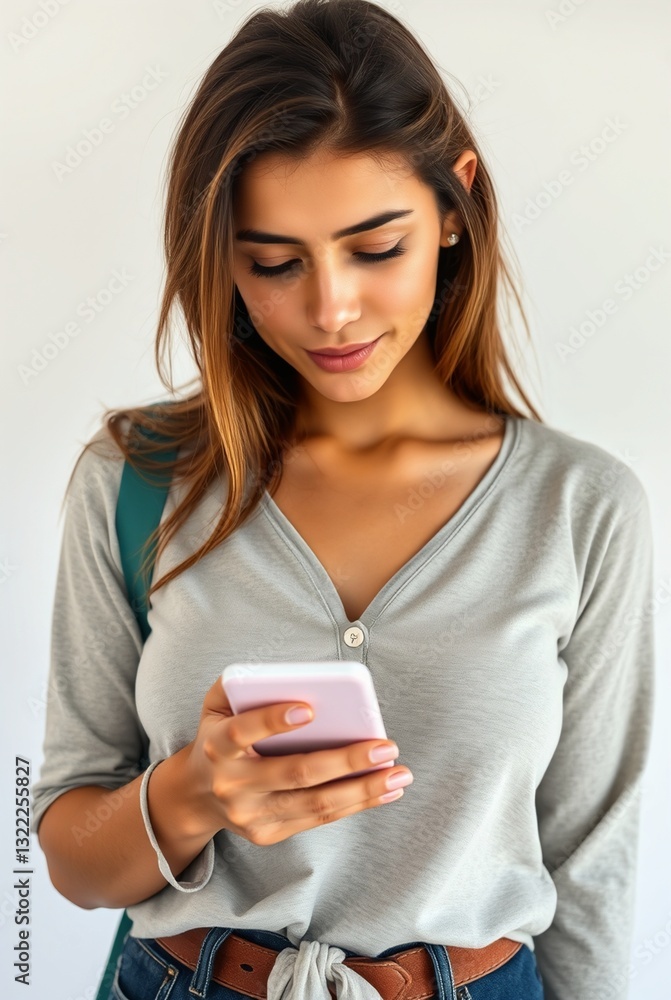 Young Woman Engaged with Smartphone in Light Casual Attire