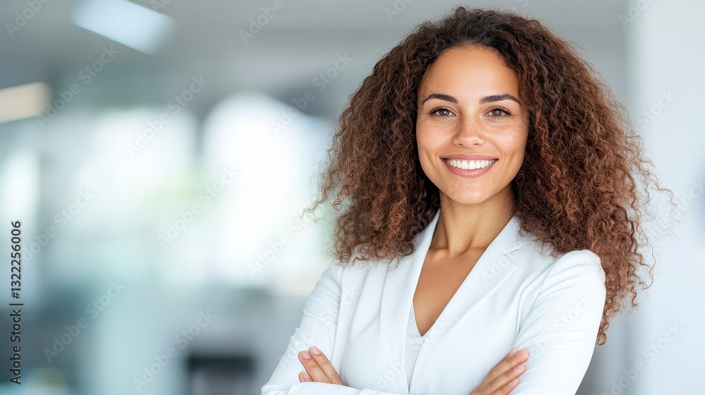 Fototapeta premium Portrait of a smiling young woman with curly brown hair wearing a white blazer, arms crossed, against a blurred background