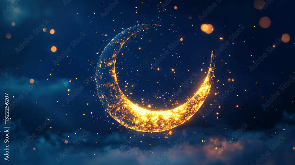 Naklejka premium 3D Banner Isolated on Deep Midnight Blue Background with Glowing Crescent and lanterns. Laylatul Qadr