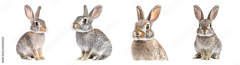 Fototapeta premium Cute and Playful Rabbits in Various Poses on White Background, PNG bundle collection, Isolated on Transparent Background