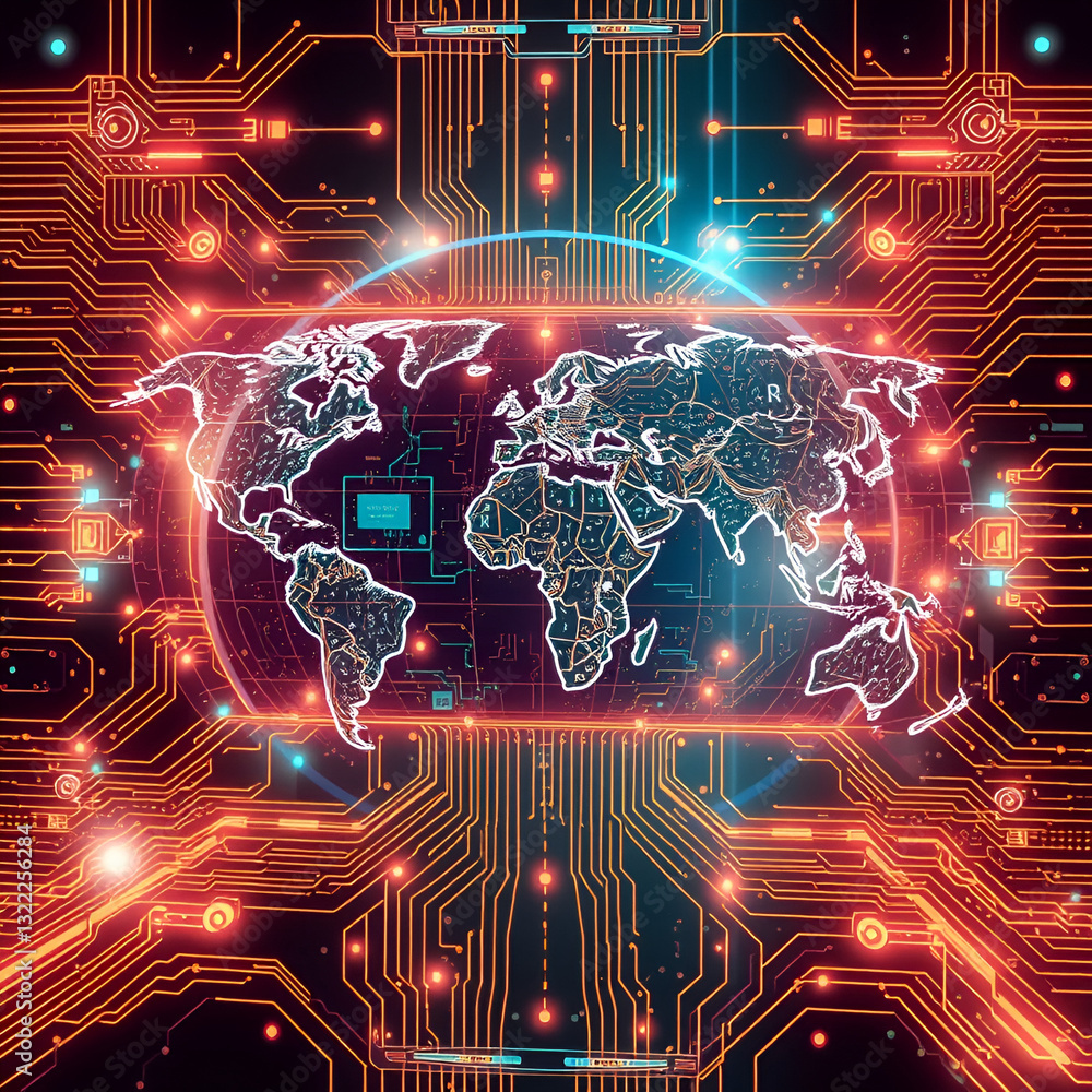 Fototapeta premium HUD Futuristic Elements Future Circuit Board Data Communication Transform. Abstract World Map Scifi Illustration