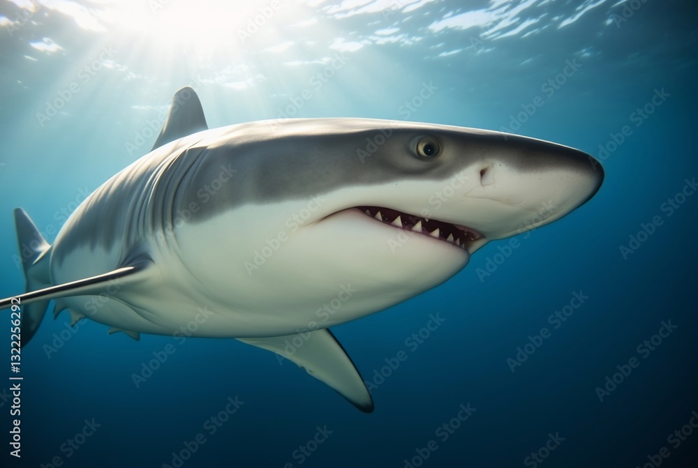 Fototapeta premium Close-Up of a Majestic Shark Swimming in Crystal Clear Ocean Waters