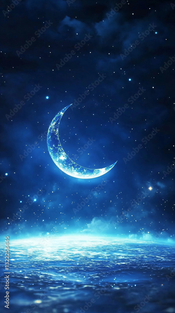 Fototapeta premium 3D Banner Isolated on Deep Midnight Blue Background with Glowing Crescent and lanterns. Laylatul Qadr