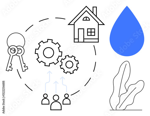 Keys, house, and gears connected with people symbolizing teamwork. Water droplet and plant suggest sustainability. Ideal for real estate, collaboration, sustainability, homeownership, teamwork
