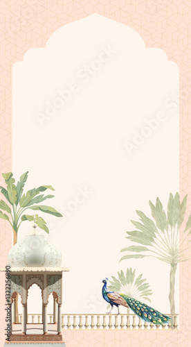 Traditional Mughal wedding invitation card design. Traditional Mughal garden arch, plant, peacock, illustration frame for Invitation.
