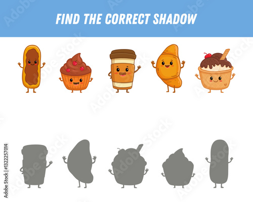 Find the correct shadow of the cup of coffee, ice cream, cupcake, eclair and croissant. Educational logic game for children. Cute cartoon food characters. Vector illustration 