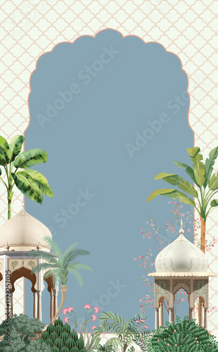 Traditional Mughal wedding invitation card design. Traditional Mughal garden arch, plant, peacock, illustration frame for Invitation.
