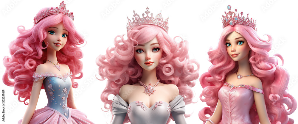 Naklejka premium 3D Princess with Crown Set on Transparent Background