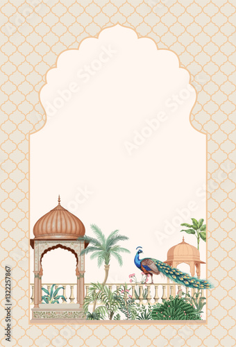 Traditional Mughal wedding invitation card design. Traditional Mughal garden arch, plant, peacock, illustration frame for Invitation.
