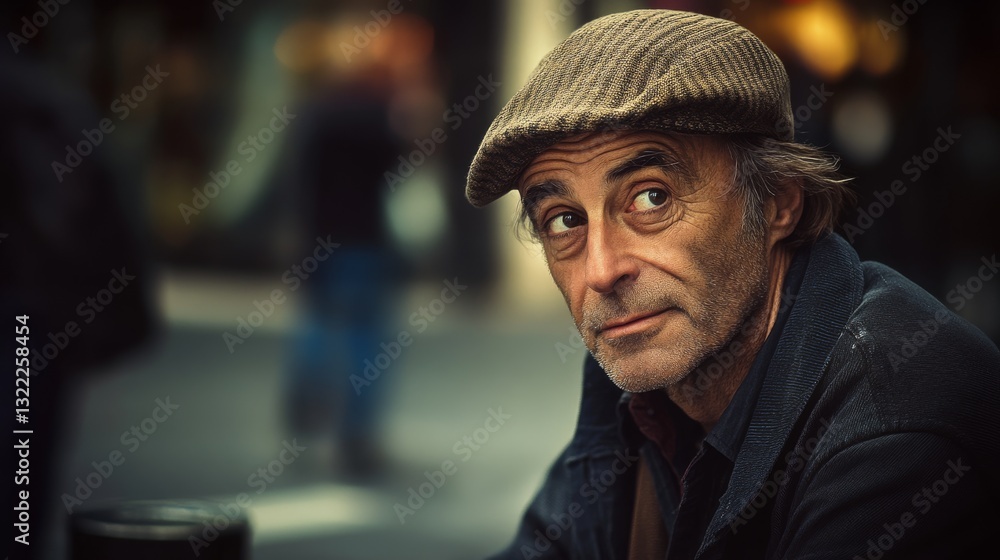 A contemplative man wearing a flat cap gazes thoughtfully, capturing the essence of introspection amidst a bustling street backdrop. A contemplative man wearing a flat cap gazes thoughtfully, capturing the essence of introspection amidst a bustling street backdrop.